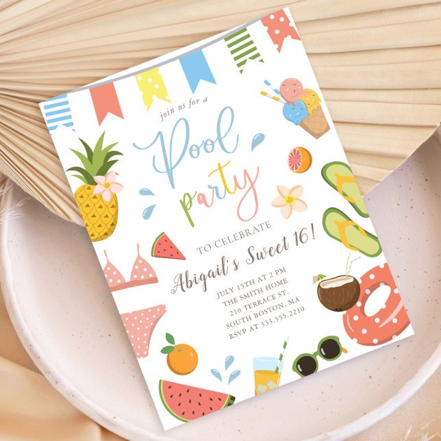 Pool Party for Girls Sweet 16 Birthday Invitation Postcard (Creator Uploaded)