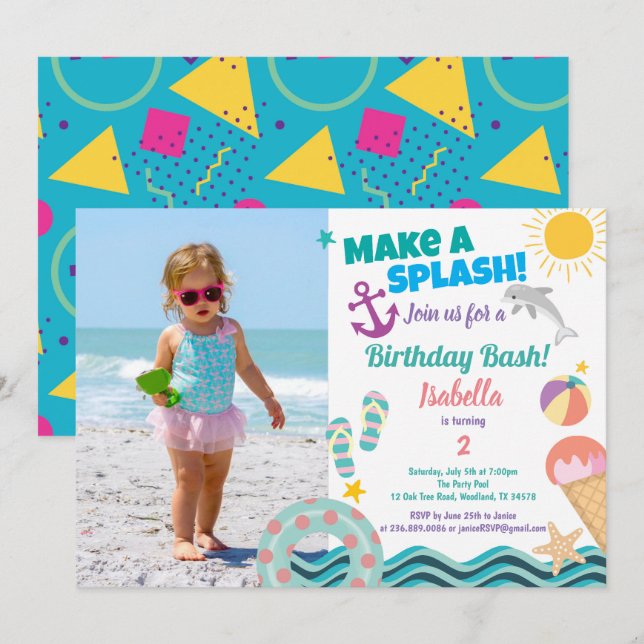 Pool party girl birthday photo invitation (Front/Back)