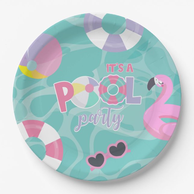 Pool party Girl Pink and Purple Birthday  Paper Plate (Front)