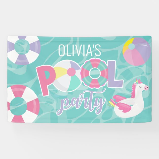 Pool Party Girl Unicorn Pink and Purple Birthday Banner (Horizontal)