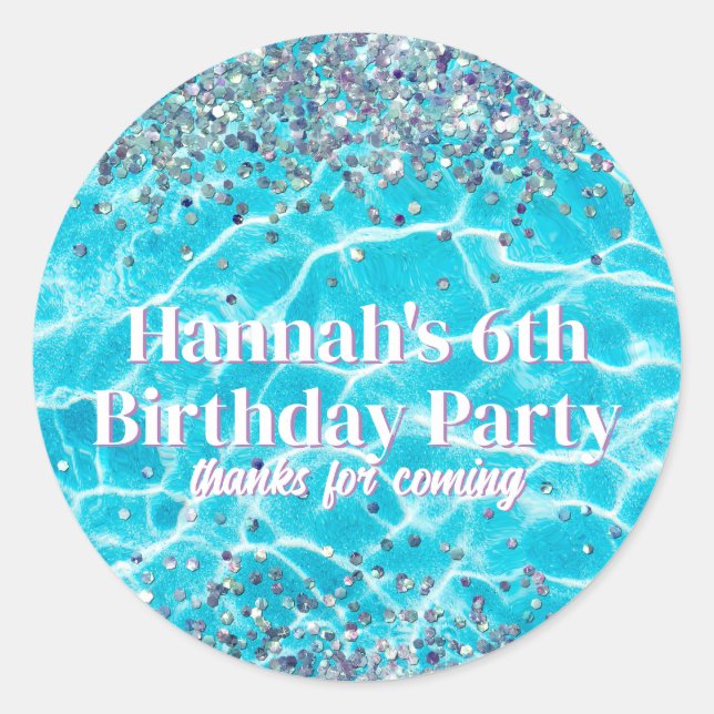 Pool Party Glitter Birthday Favour Classic Round Sticker (Front)