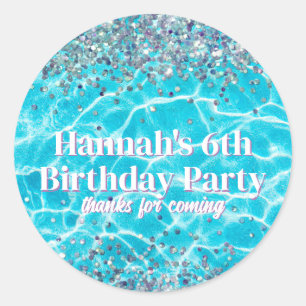 Pool Party Glitter Birthday Favour Classic Round Sticker