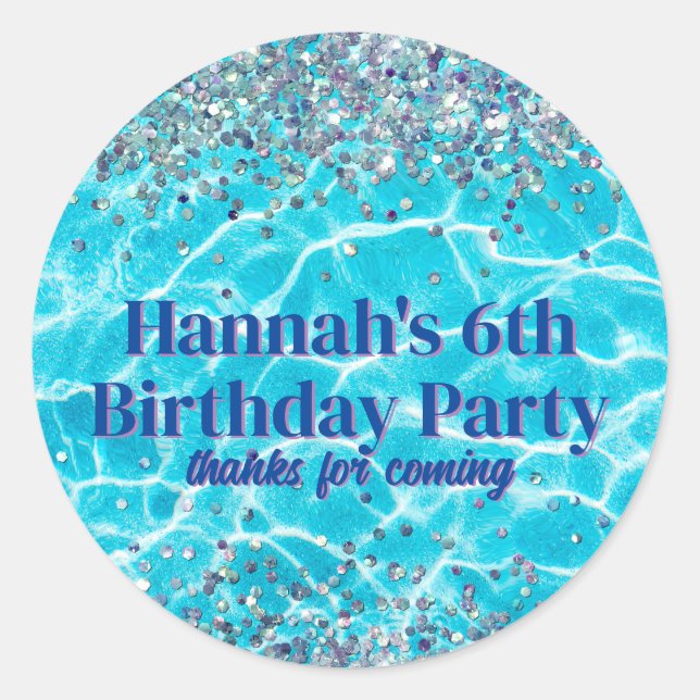 Pool Party Glitter Birthday Favour Classic Round Sticker (Front)