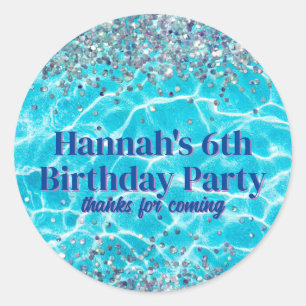 Pool Party Glitter Birthday Favour Classic Round Sticker