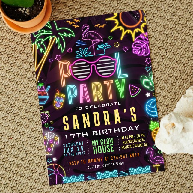 Pool Party Glow 17th Birthday Editable Invitation (Pool Party Birthday Invitation)