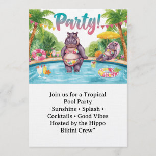 Pool party Hippo Bikini Tropical themed Invitation