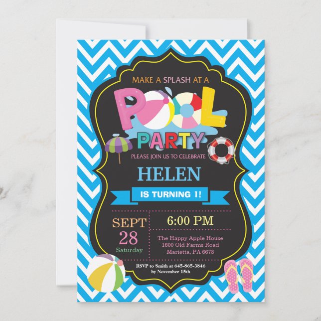 Pool Party Invitation Blue Splish Splash Girl (Front)