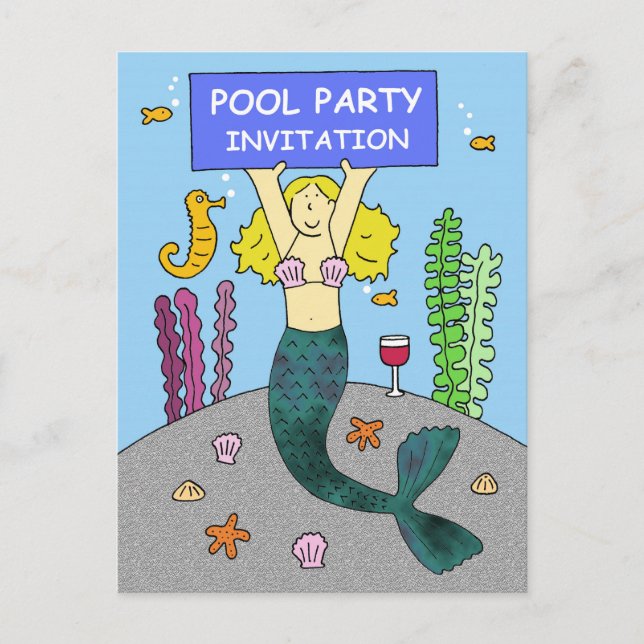 Pool Party Invitation Cartoon Mermaid Postcard (Front)