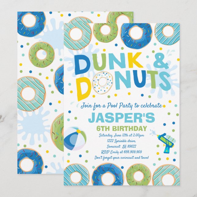 Pool Party Invitation Dunk And Doughnuts Pool Part (Front/Back)