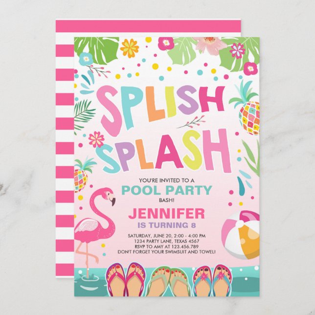Pool party invitation Flamingo Tropical Pineapple (Front/Back)