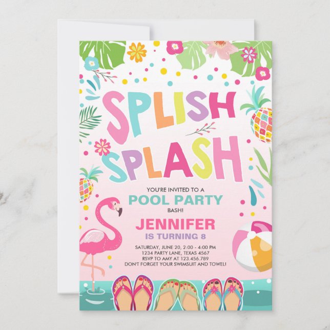 Pool party invitation Flamingo Tropical Pineapple (Front)