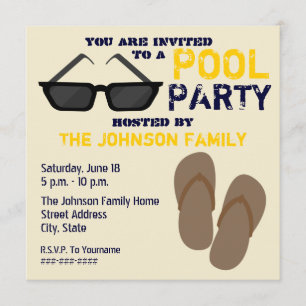 Pool Party Invitation Flip Flops & Sunglasses