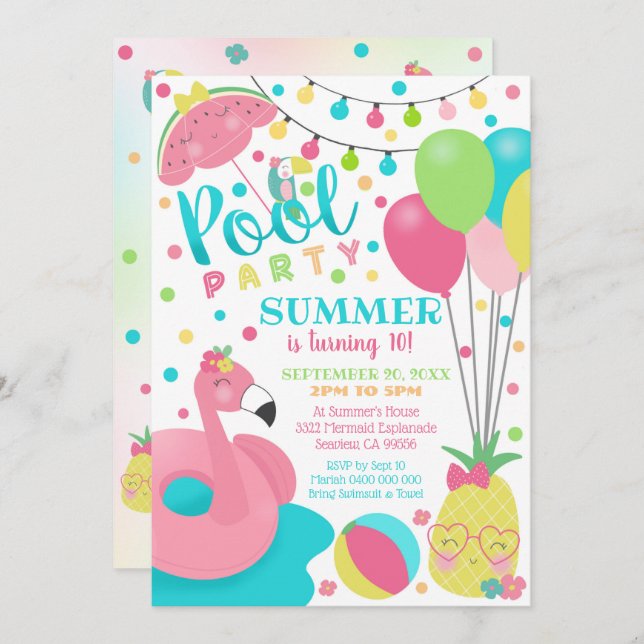 Pool Party Invitation Girl Flamingo Float Pool (Front/Back)