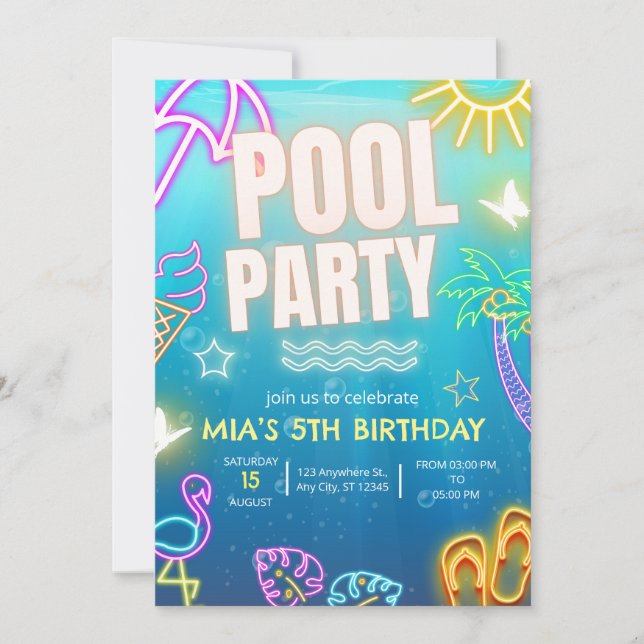 Pool Party invitation, Glow neon Tropical Birthday Invitation (Front)