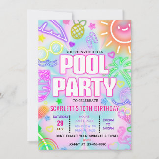 pool party invitation, Glow neon Tropical PTD01 Invitation