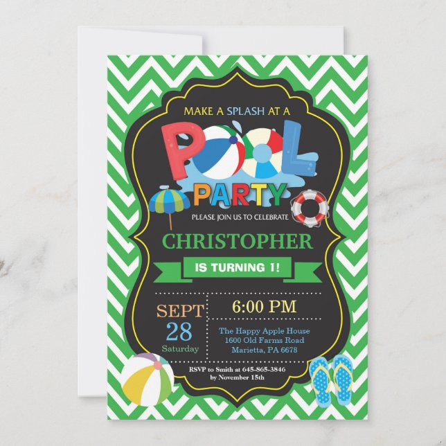 Pool Party Invitation Green Splish Splash Boy (Front)