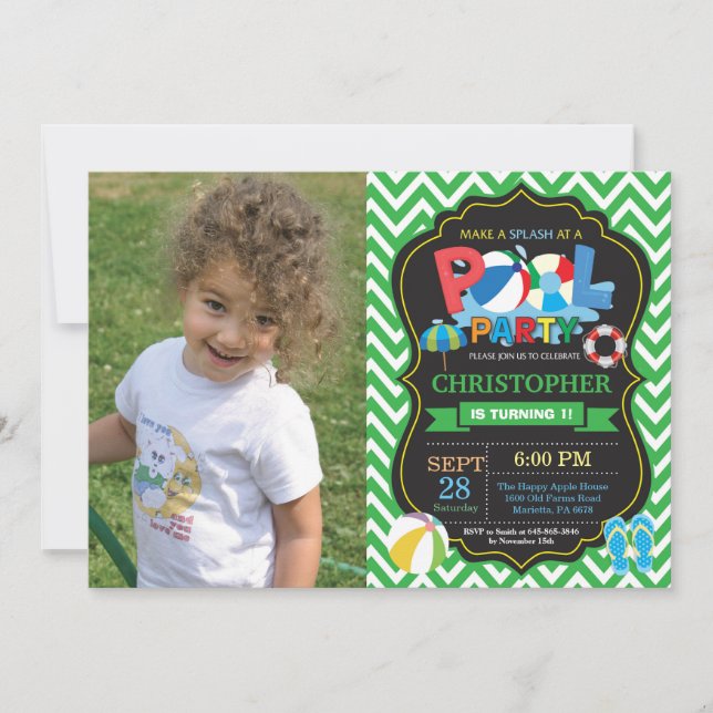 Pool Party Invitation Green Splish Splash Boy (Front)