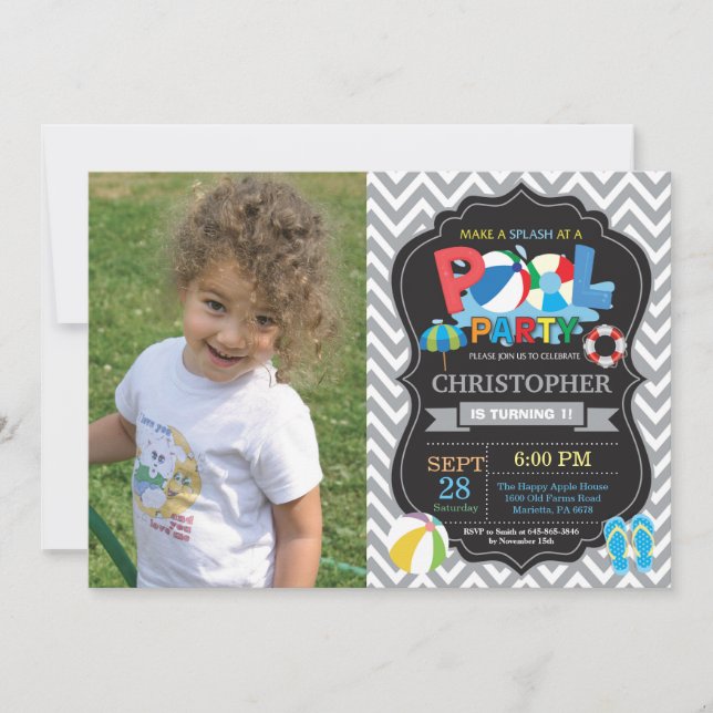 Pool Party Invitation Grey Splish Splash Boy (Front)