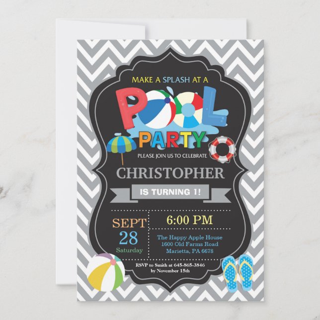 Pool Party Invitation Grey Splish Splash Boy (Front)