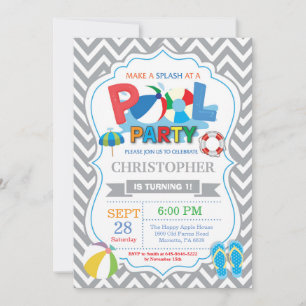 Pool Party Invitation Grey Splish Splash Boy