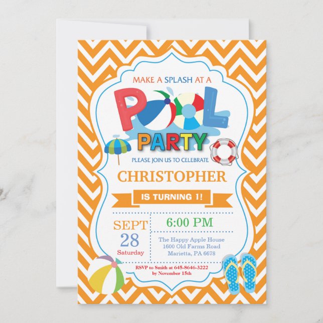 Pool Party Invitation Orange Splish Splash Boy (Front)
