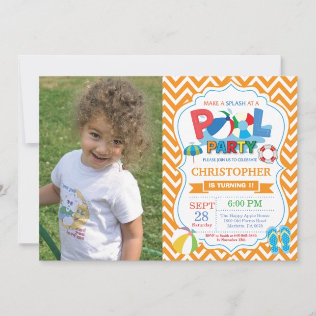 Pool Party Invitation Orange Splish Splash Boy (Front)