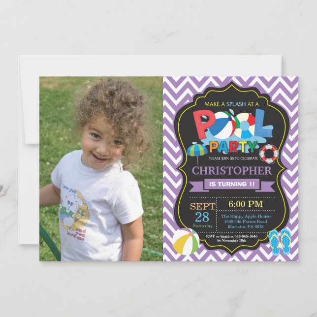 Pool Party Invitation Purple Splish Splash Boy (Front)