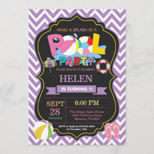 Pool Party Invitation Purple Splish Splash Girl