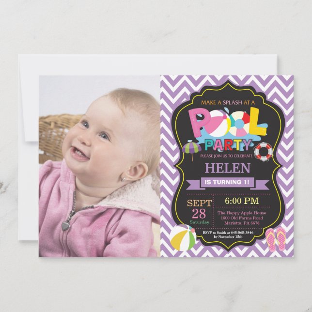 Pool Party Invitation Purple Splish Splash Girl (Front)