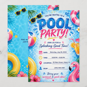 Pool Party Invitation Summer Fun Bright Tropical