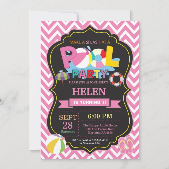 Pool Party Invitation Summer Splish Splash Girl (Front)