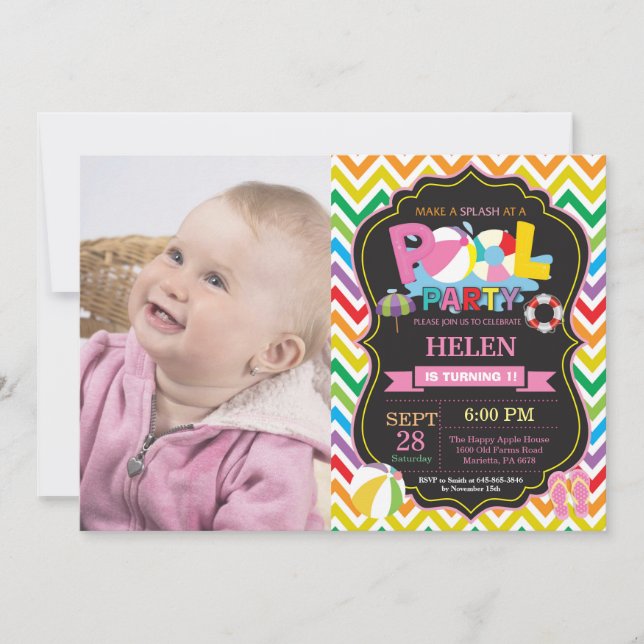 Pool Party Invitation Summer Splish Splash Girl (Front)