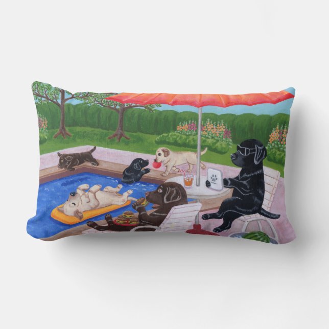 Pool Party Labradors 2 Painting Lumbar Cushion (Front)