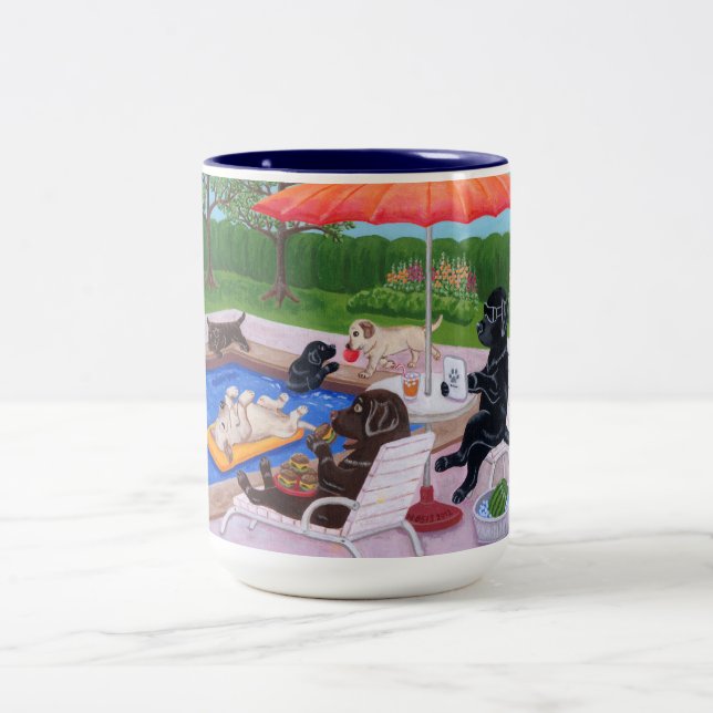 Pool Party Labradors 2 Two-Tone Coffee Mug (Center)