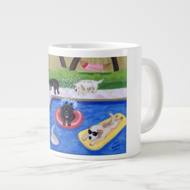 Pool Party Labradors Fun Painting Large Coffee Mug (Front Right)