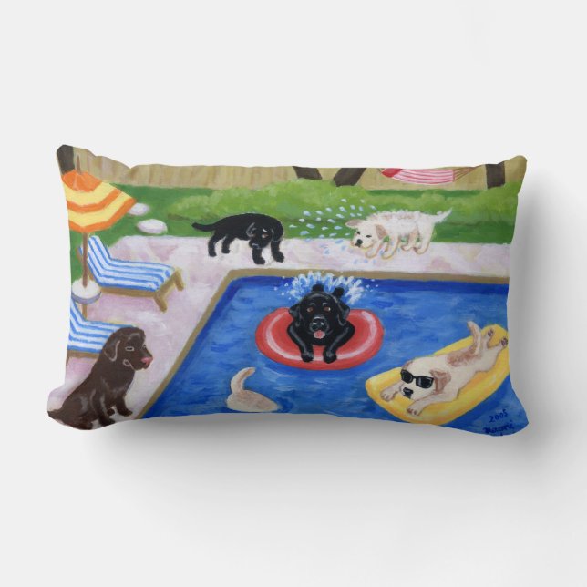 Pool Party Labradors Fun Painting Lumbar Cushion (Front)