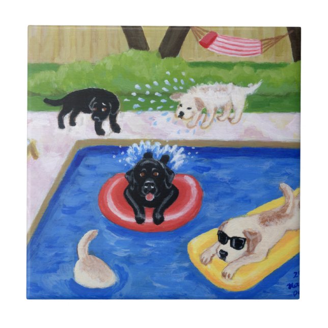 Pool Party Labradors Painting Ceramic Tile (Front)