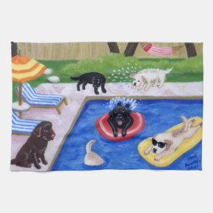 Pool Party Labradors Painting Tea Towel