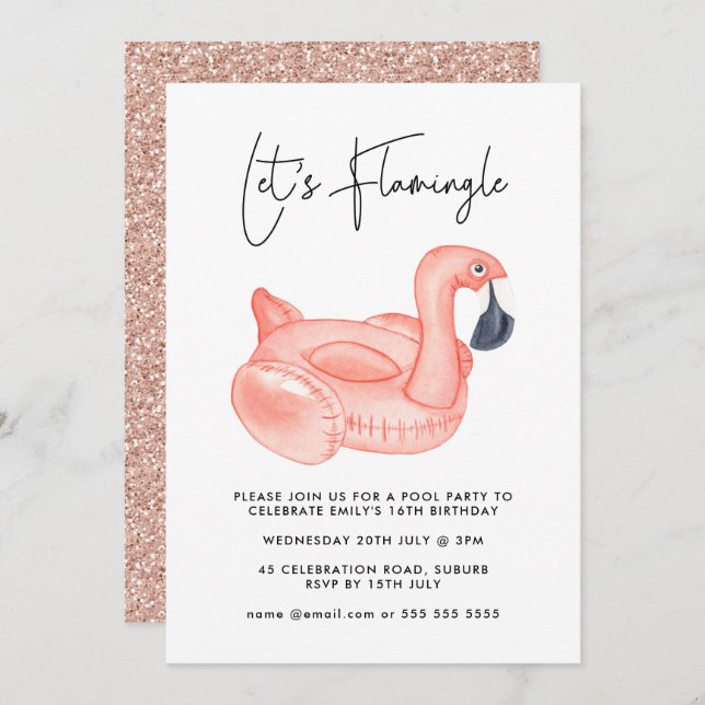 Pool Party Let's Flamingle Flamingo Teen Birthday Invitation (Front/Back)