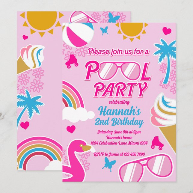 Pool Party Malibu Beach Birthday Girl Doll summer Invitation (Front/Back)