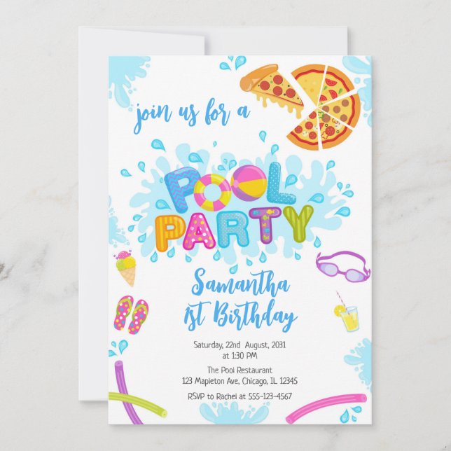 Pool Party | Modern Summer Themed Birthday Party Invitation (Front)