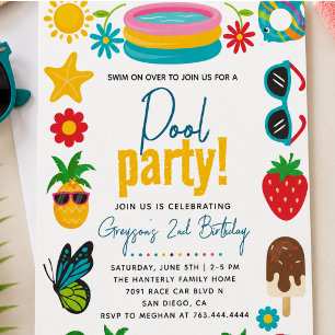 Pool Party Modern Summer Themed Birthday Party Invitation