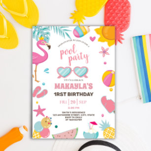 Pool Party   Modern Summer Themed Birthday Party Invitation