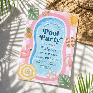 Pool Party Modern Summer Themed Girl Birthday Invitation