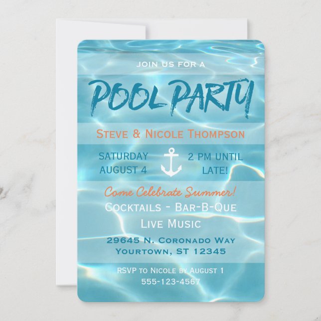 Pool Party Nautical Summer Aqua Orange and White Invitation (Front)