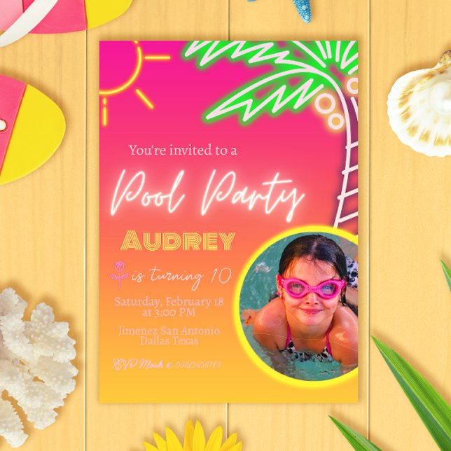Pool Party Neon Pink with Photo Invitation (Creator Uploaded)
