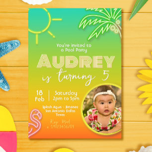 Pool Party Neon - Tropical - Aloha with Picture Invitation