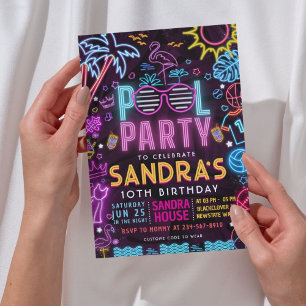 Pool Party Night Neon Glow Birthday Party Invitation