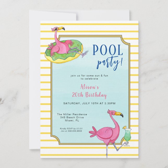 Pool Party Pink Flamingos Birthday party  Invitation (Front)