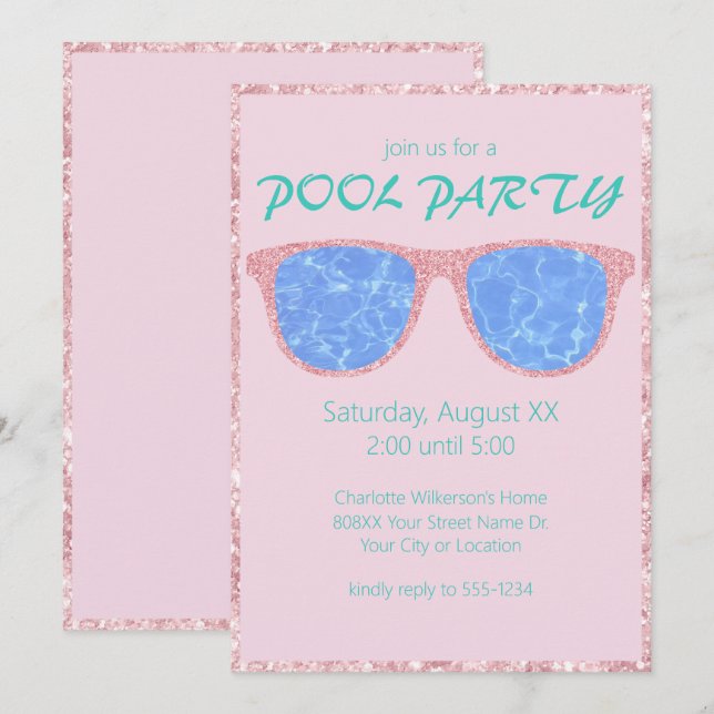 Pool Party Pink Glitter Sunglasses Invitation (Front/Back)